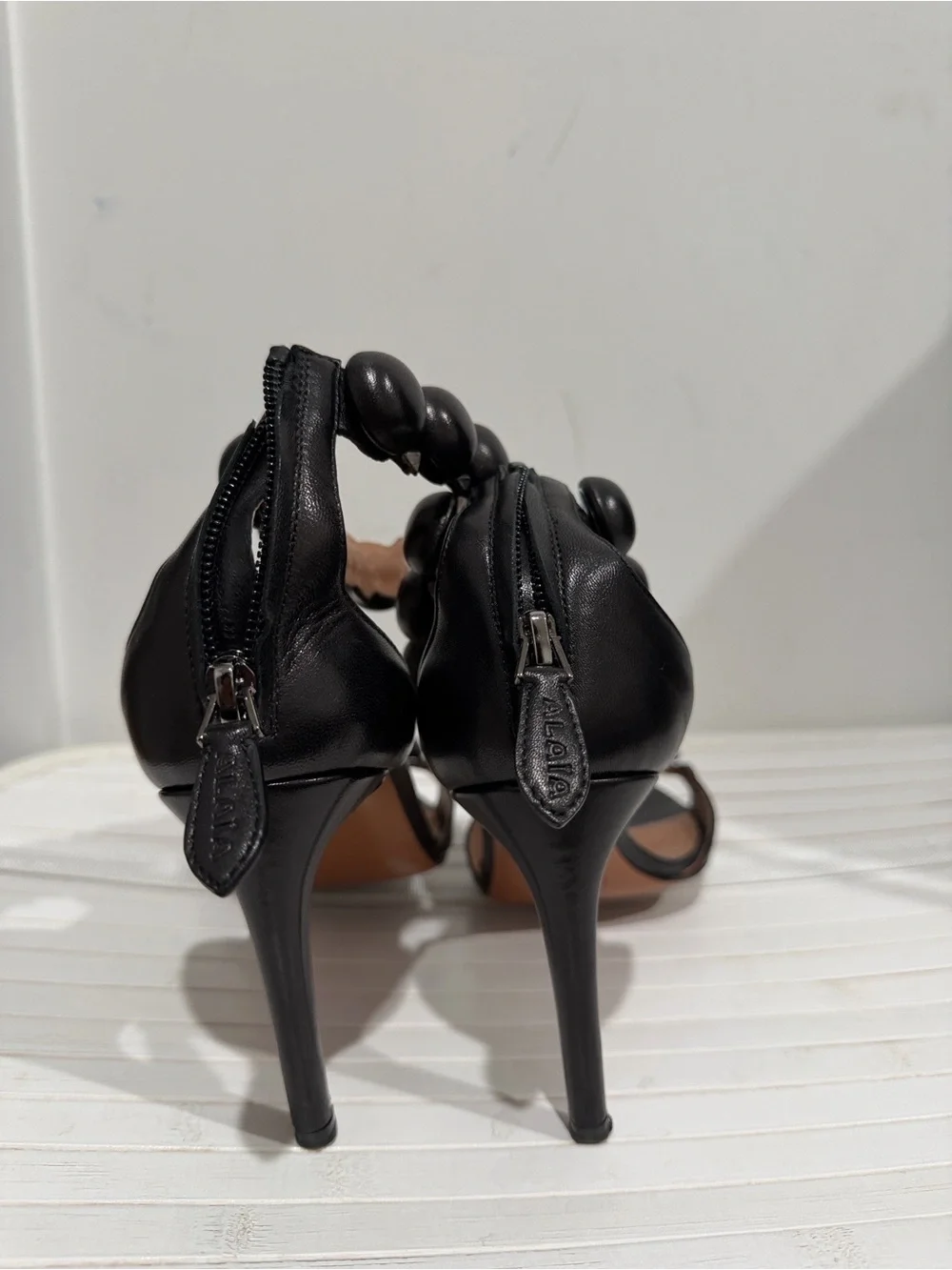 Alaia Black Beaded Strap Stiletto Sandals